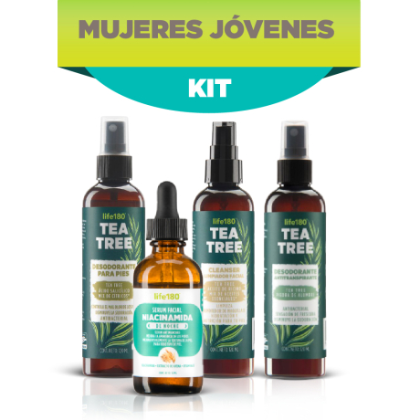 KIT MUJERES JÓVENES Ideal para: bienestar femenino integral Bienestar que acompaña tu ritmo. Pensado para mujeres activas. Cleanser facial Tea Tree: Limpieza diaria esencial para mantener un rostro fresco, equilibrado y libre de impurezas. Sérum de niacinamida: Ayuda a unificar el tono de la piel, mejora su textura y regula la producción de grasa para un cutis perfecto. Desodorante para pies Tea Tree: Brinda frescura inmediata y control de olor mediante una acción antibacterial efectiva. Desodorante antitranspirante Tea Tree: Protección duradera contra la humedad y el mal olor con ingredientes naturales.